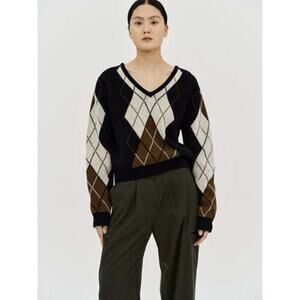 The Source Unknown Argyle V-Neck Knit - One Size - Navy Brown Cream